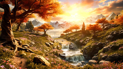 Wall Mural - A beautiful landscape with a river and mountains in the background