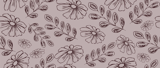 Wall Mural - Botanical leaves and flowers. Floral seamless pattern drawn by hand.