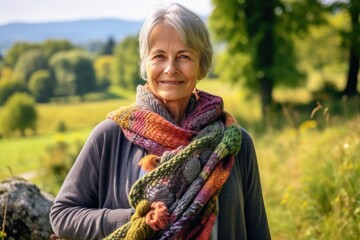 Wall Mural - A woman stands in a field wearing a scarf around her neck, possibly for warmth or fashion