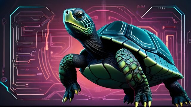 A detailed illustration of a turtle with a determined expression, navigating a complex maze on a futuristic holographic screen in a cyberpunk style