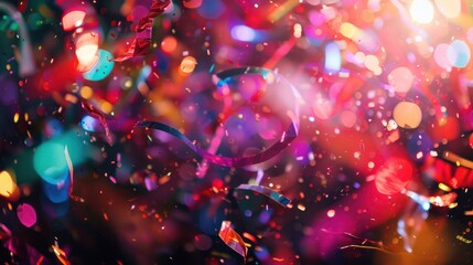 Close-up of colorful confetti at a disco. In dim warm and colorful light