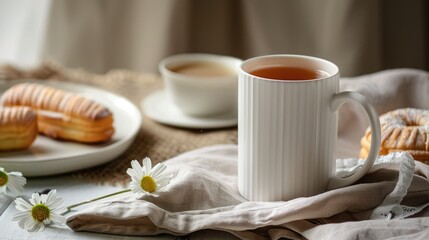 Wall Mural - A tall white mug filled with tea placed on a cloth napkin alongside a plate of eclairs and a single flower bud on the table Close up shot