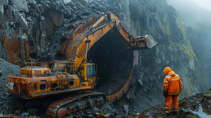 a mega excavator digging a hole into the side of a mountain,generative ai