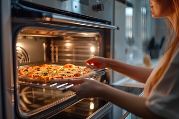 A woman holding a hot pizza fresh from the oven, ready to be served or enjoyed