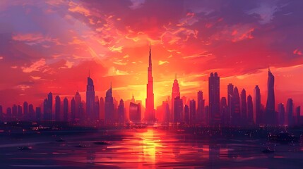 Canvas Print - Dubai skyline with sunset, city landscape with iconic tower Burj Khalifa and other futuristic skyscrapers, illuminated by the golden sun. Modern luxury architecture, 3d contemporary digital art deco.