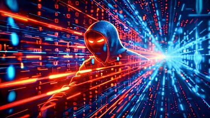 A hacker seated at a computer desk stares intensely at the screen, wearing a hooded sweatshirt