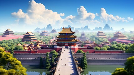 Wall Mural - A scenic view of the Forbidden City in Beijing, with its grand palaces, ornate gates, and lush gardens under a bright blue sky 