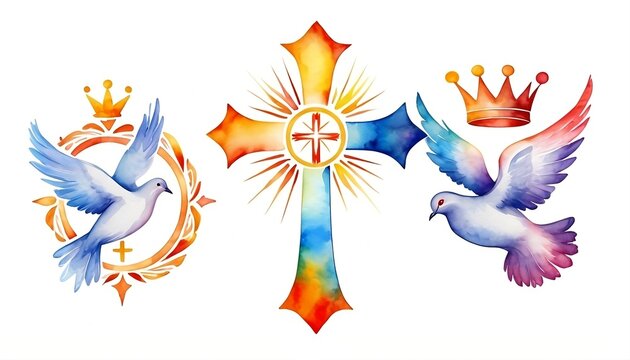 Holy Trinity symbols. Cross, crown and dove of Holy Spirit. Watercolor christian symbols against white background. Vector illustration created with generative ai