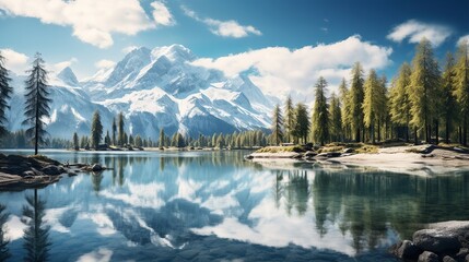 A serene mountain lake with crystal-clear waters, surrounded by towering pine trees and rocky peaks  