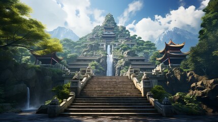 Wall Mural - A serene mountain temple, with stone steps leading up to the entrance, surrounded by dense forest and clouds drifting by 