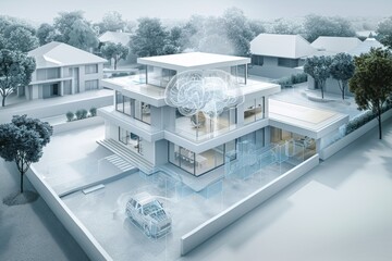 Poster - Modern house model with transparent walls and smart technology integration, emphasizing contemporary living and innovation.