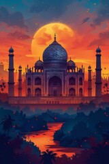 Wall Mural - The beautiful Taj Mahal. The most famous building in India. A landmark of India. illustration