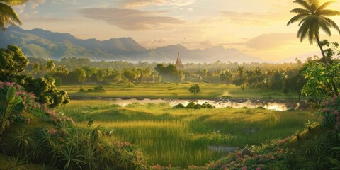 Wall Mural - afternoon,clear sky,high key lighting ,oil painting of The landscape is dominated by verdant hills, expansive paddy fields, and dense forests teeming with life