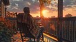 © Jojo - A man relaxing in a rocking chair on a porch, with a blanket over his lap and a cup of tea in hand, watching the sunset.,photorealistic,high detail,realistic