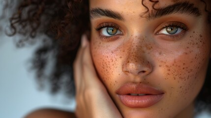 Poster - Close-up portrait of a young woman with freckles and curly hair. Natural beauty and flawless skin. AI