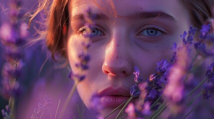 Wall Mural - A closeup art piece capturing a womans face surrounded by vibrant purple flowers, contrasted with electric blue eyelashes. A stunning display of beauty and nature in darkness AIG50