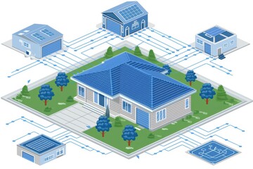 Sticker - Isometric smart city layout with brain integration, depicting advanced urban planning and cognitive technology in a futuristic concept.