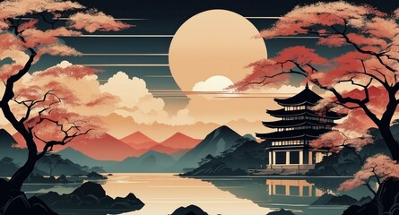 Wall Mural - Japanese landscape architecture on the background of mountains