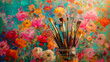 © DigitaArt.Creative - a delightful scene! The glass jar filled with various sizes of paintbrushes against a vibrant, colorful background evokes creativity and artistic expression