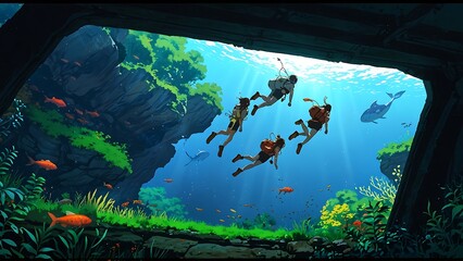 diving in sea anime digital art illustration painting wallpaper