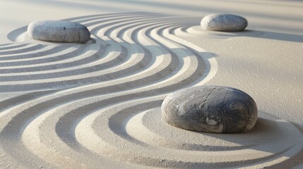 A Zen garden with neatly raked sand and a few strategically placed rocks, the careful composition serving as a metaphor for mindfulness and simplicity.