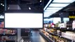 © paisorn - a full white backlit billboard in a small very design and empty supermarket, in the blurred background there is matt black steel shelves