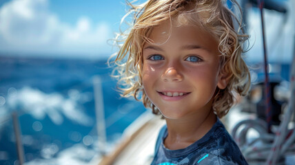 Wall Mural - a happy blonde boy age 11, long hair, very dark tanned skin, on a large beautiful white sailboat,generative ai