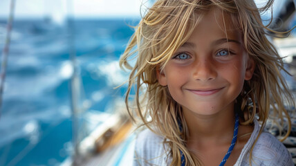 Wall Mural - a happy blonde boy age 11, long hair, very dark tanned skin, on a large beautiful white sailboat,generative ai