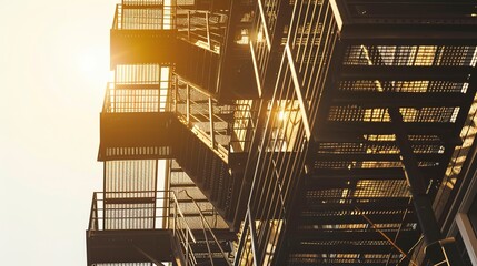 Canvas Print - Close-up of office building fire escape, detailed steel structure, no people, golden hour, safety features. 