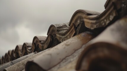 Sticker - Historic building roof tiles close-up, macro shot of weathered ceramics, no people, overcast sky, old-world charm.