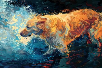Realistic illustration of a dog standing in water