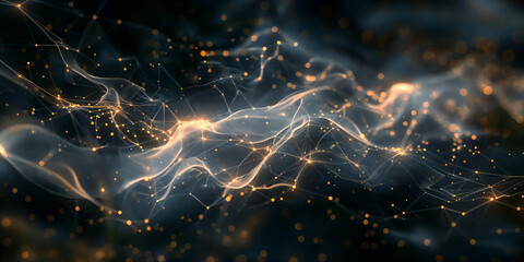 Dark background with abstract glowing particle waves and atomic motifs
