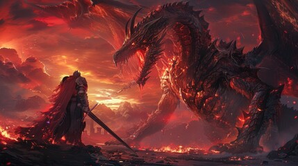 Human-enhanced battle between a knight in futuristic armor and a dragon, under a terrifying red sky, epic clash