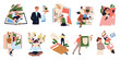 © 100% HAND-CRAFTED - Set of people book lovers. Illustrations with happy characters reading literature and immersing in dream world. Imagination and learning. Cartoon flat vector collection isolated on white background