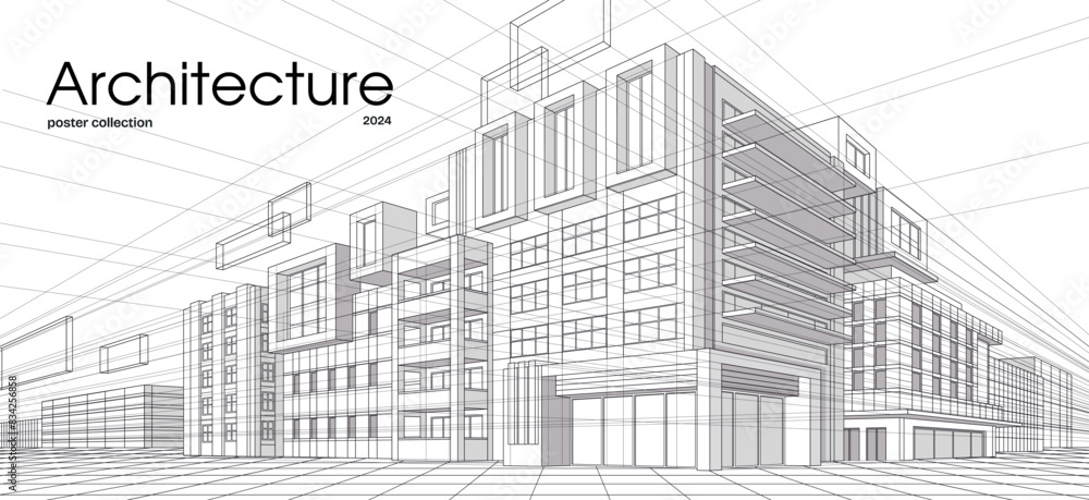 Abstract architecture. Banner with model of urban building with ...