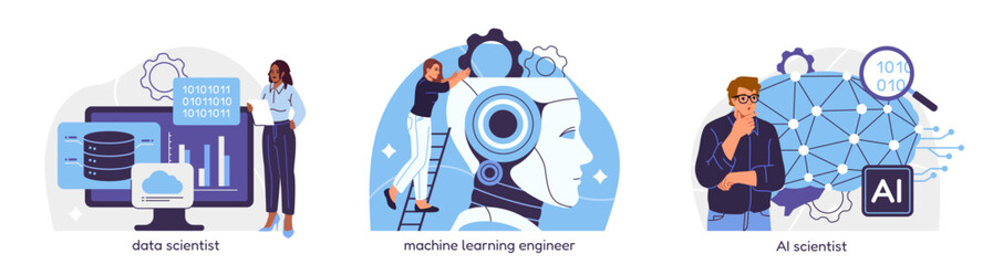 Artificial Intelligence Abstract Illustration Set. Machine learning, neural networks, AI, and data science. Modern technologies. Cartoon flat vector illustrations isolated on white background
