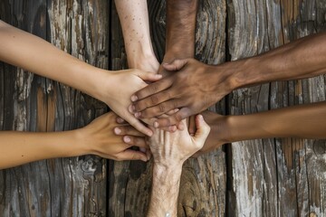 Four hands of different skin tones come together in a gesture of collaboration