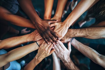 A group of people come together and stack their hands in a powerful symbol of unity and collaboration