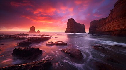 Wall Mural - Beautiful panoramic seascape at sunset. Panoramic view of cliffs and sea