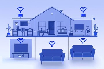 Poster - Blueprint-style illustration of a smart home layout, highlighting integrated technology and modern design