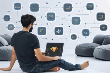 Poster - Man sitting in a smart home environment with digital connectivity, showcasing modern technology and lifestyle convenience