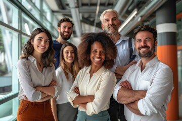 A diverse group of business professionals stand together in a modern office space