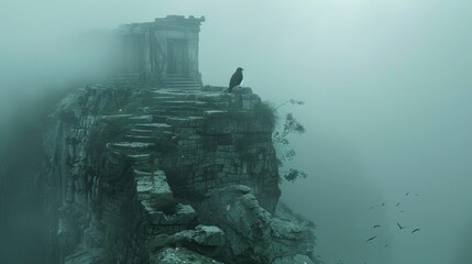 Solitary raven on ancient foggy ruins edge