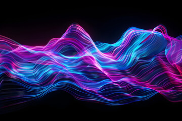 Wall Mural - Energetic neon digital glitch art in electric blue and magenta tones. Abstract art on black background.