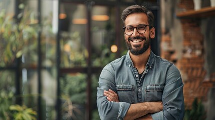 Sticker - A man with a beard and glasses is smiling and posing for a picture