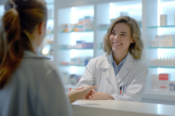 Happy pharmacy woman consultant helping customer with her prescription. Female pharmacist giving instructions to her client in more detail. Understanding customer listening to professional