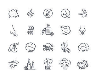 smell linear icons set. simple symbols associated with offensive odor, pleasant aroma and olfactory 