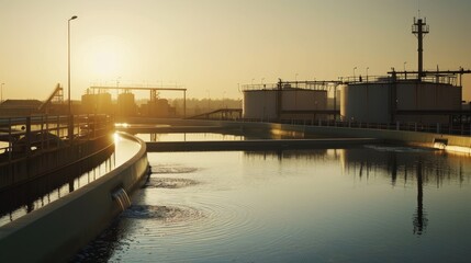 Wall Mural - A large body of water with a reflection of the sun in the background. The water is surrounded by a green wall and there are several tanks in the distance