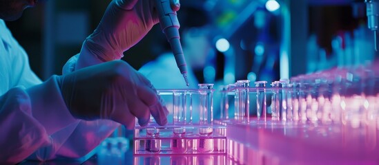 A scientist is working in a lab with a purple background. The scientist is holding a pipette and is working with a series of test tubes