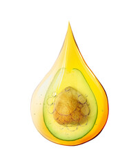 Wall Mural - Cooking oil drop with half of avocado inside on white background